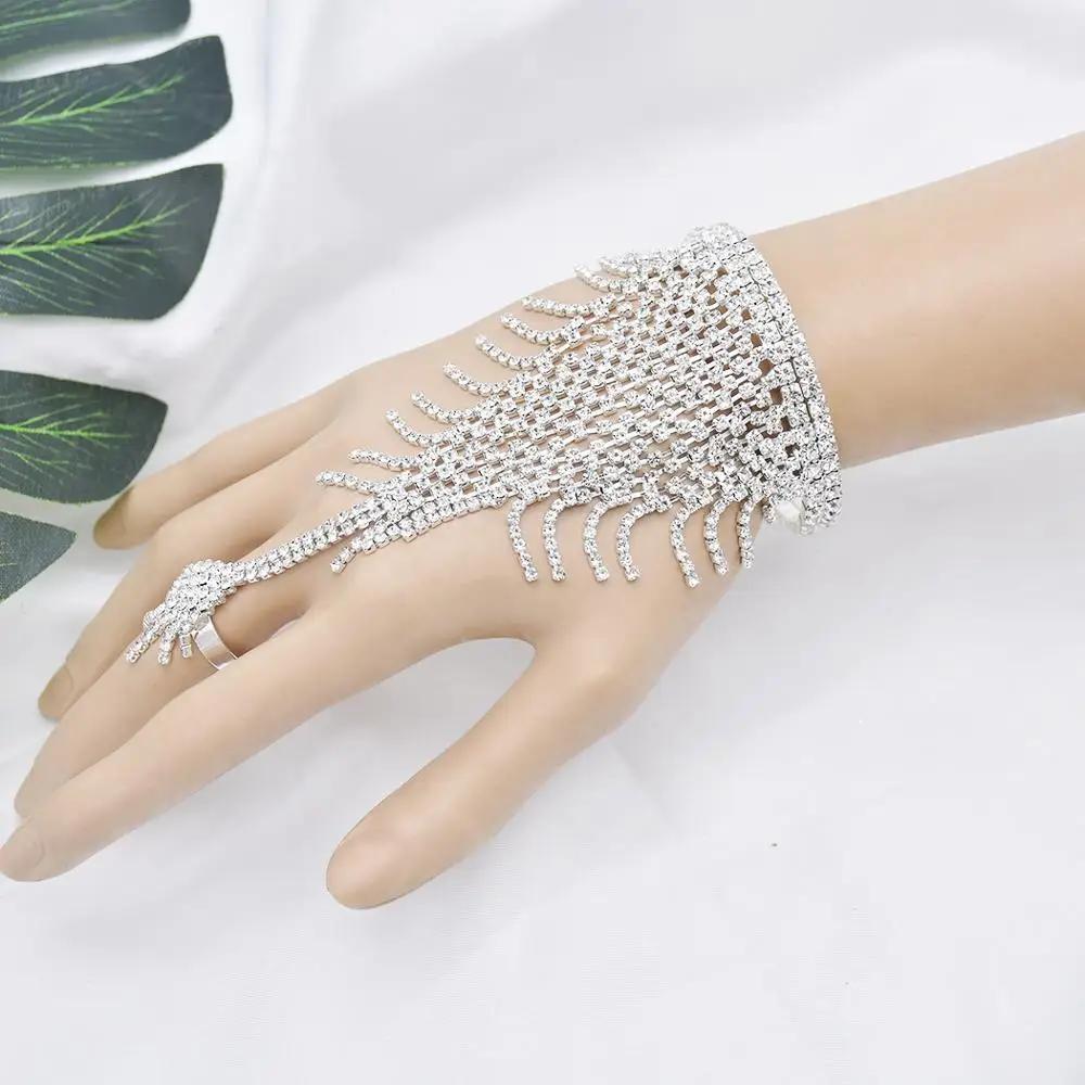 

Korea Crystal Bracelet With ring Ladies Silver-color Plated Bangle Row Rhinestone Cuff Bracelet Pulseras Gift Bride wedding Jewe