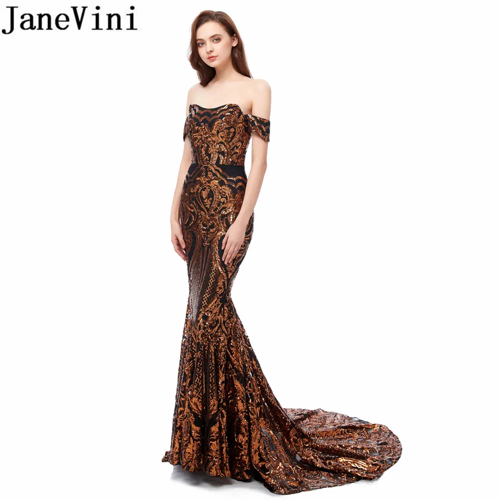 

JaneVini Long Black Gold Sequins Prom Dresses African Mermaid Party Dress Sweep Train Shiny Sequined Women Evening Gala Gowns