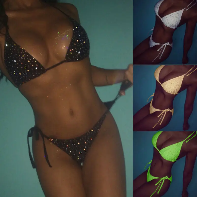 Купальник женский с блестками и кристаллами пикантный бикини лямкой через шею