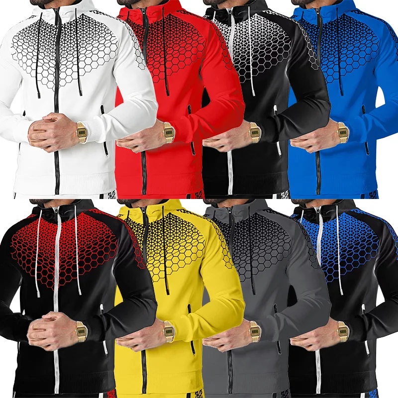 

2021 New Spring And Autumn Sportswear Men's European And American Hooded Jacket Honeycomb Design Printed Casual Trousers Suit