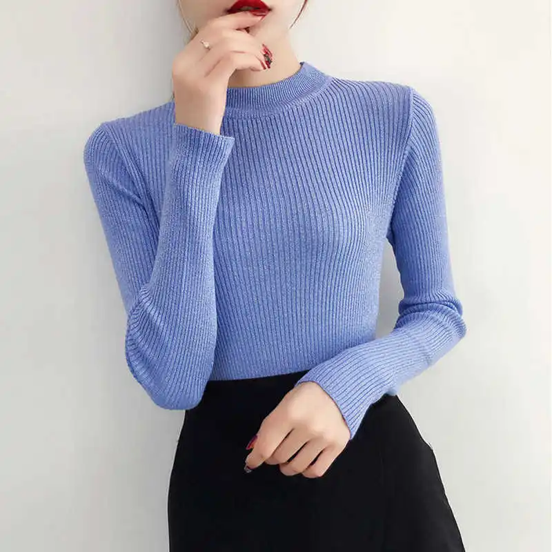 

Shiny Lurex Autumn Winter Sweater Women Long Sleeve Pullover Women Basic Sweaters Turtleneck 2021 Korean Style Knit Tops Femme