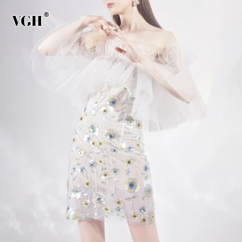 

Женское мини-платье с вышивкой VGH, элегантное лоскутное платье с воротником-лодочкой, коротким рукавом и высокой талией, летнее модное стиль...