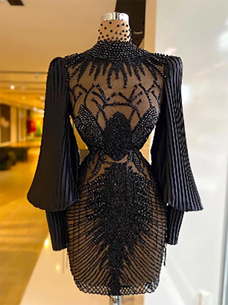 

YILIBER Evening dresses 2021 vintage vlack pearls long sleeves evening gowns beading prom dresses for women short dresses