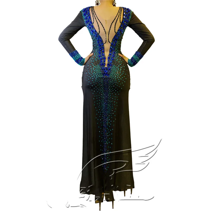 

Blue Rhinestones Slim Elastic Long-sleeved Long Dresses Sexy Split Dress Pole Dancing Costumes Women Evening Stage Wear XS1087