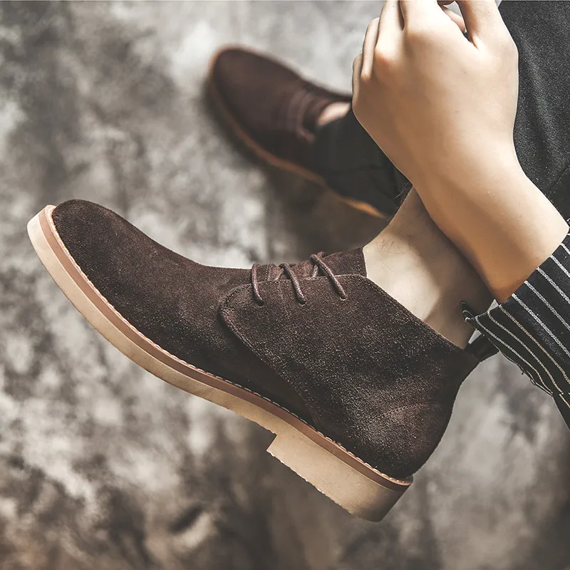 Кожаная мужская обувь с круглым носком Винтажные ботильоны Зимние теплые