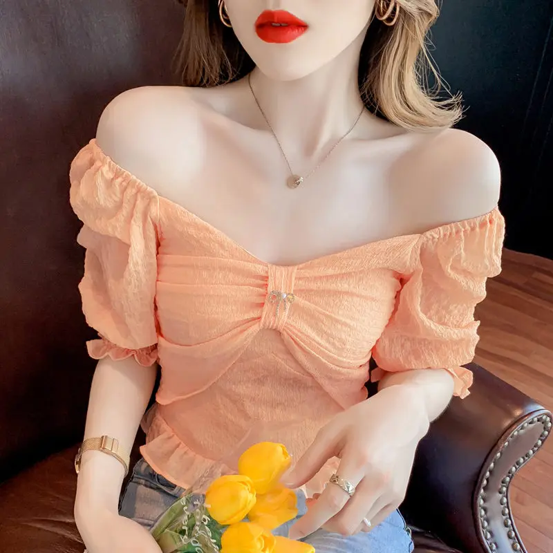 

2021 New Summer Fashion Blouse Short Sleeve Slash Neck Sexy Sweet Slim Elegant Women Shirt Ladies Tops Blouses White Orange
