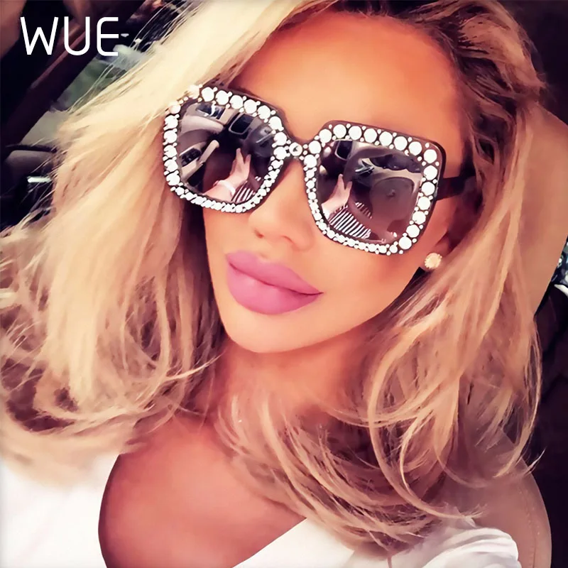 

High quality top rhinestone fashion retro sunglasses luxury oversized sunglasses brand design square ladies sunglasses