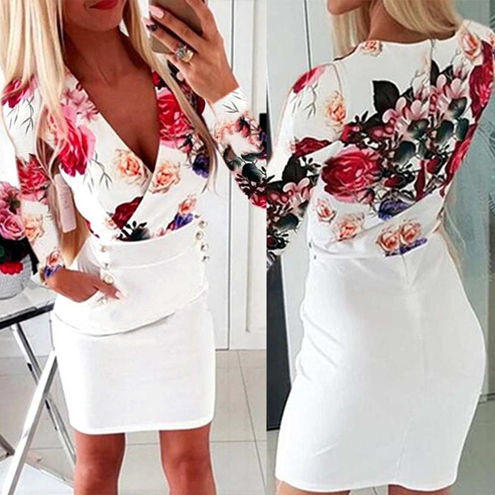Модное осеннее офисное женское облегающее мини-платье с цветочным принтом и