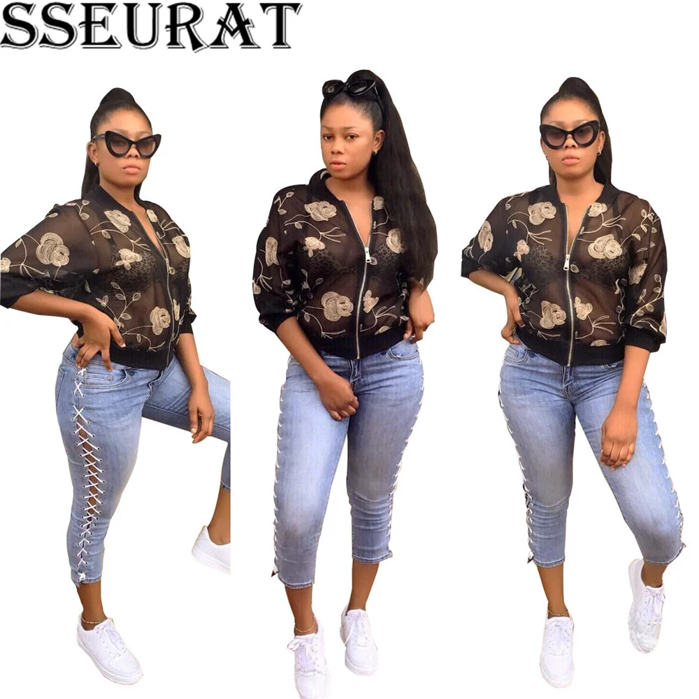 

SSEURAT Sexy Gauze See-through Embroidered Flower Jackets 2022 Autumn Thin Long Sleeve Brief Outwears Women Zipper Coats
