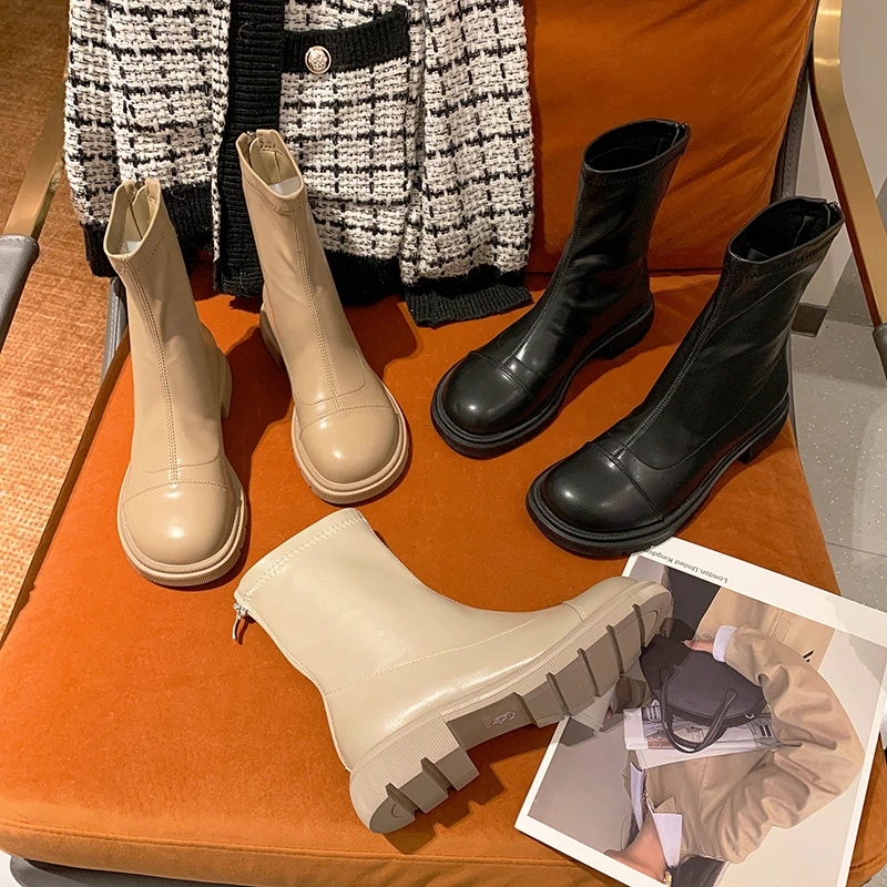 

Ботильоны женские, на блочном низком каблуке, с круглым носком, на молнии сзади, короткие, весна 2021, черно-Бежевые ботинки