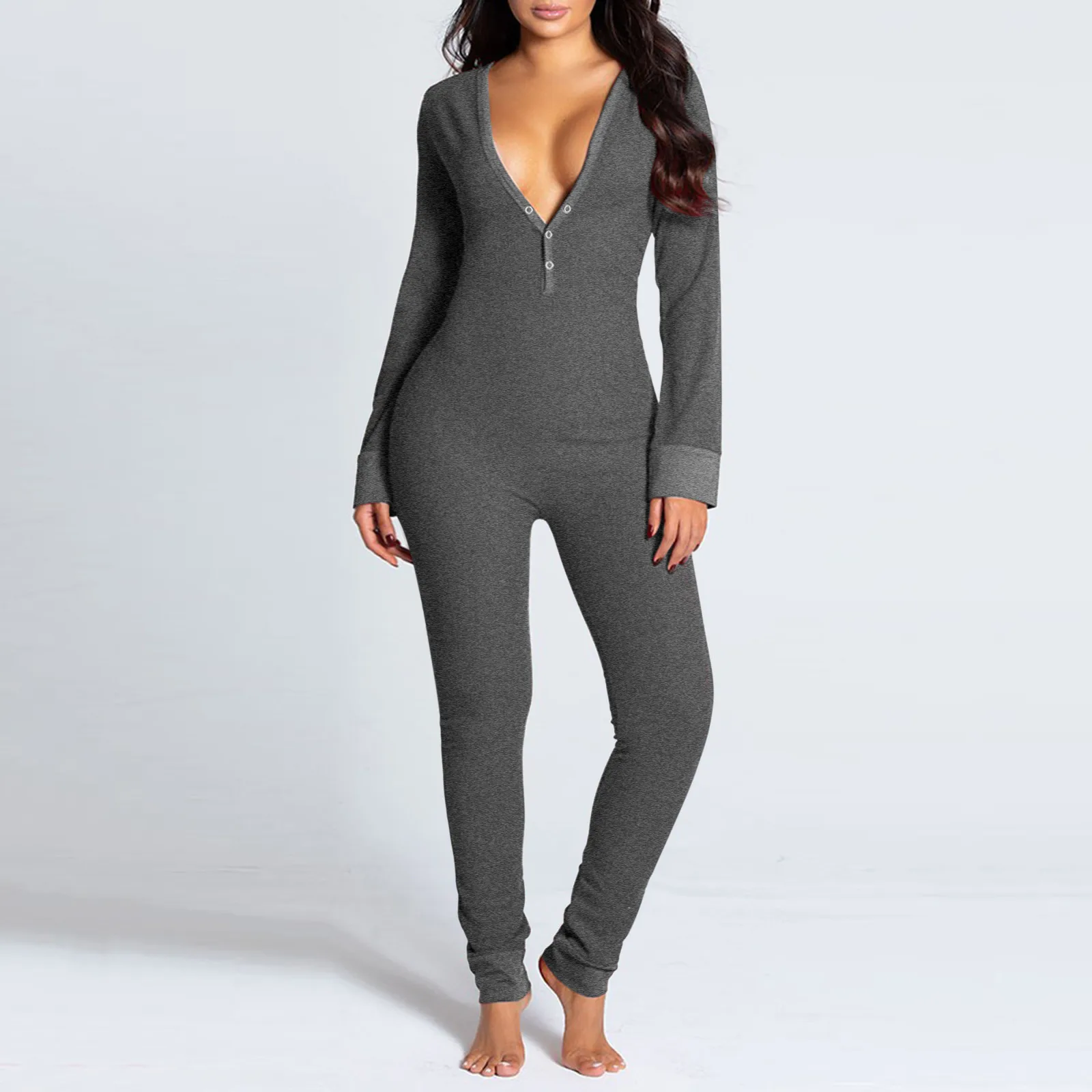 

Hot Sale Jumpsuit Women Button-down Front Functional Buttoned Flap pyjama femme sexy Adults Jumpsuit