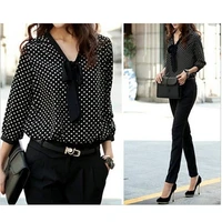 bow collar office blouse long sleeve women shirts fashion black dot print chiffon blouse shirt womens tops and blouses