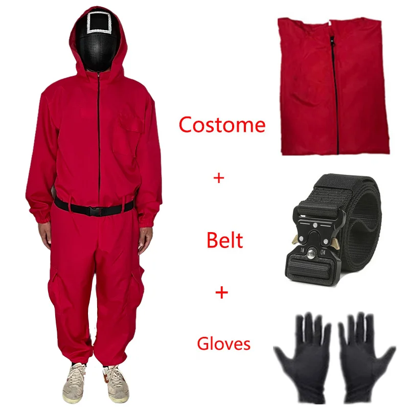 

Squid Game Costume Mask Cosplay Red Jumpsuit Belt Round Six Square Circle Triangle Plastic Masks Halloween Party Cosplay Costume