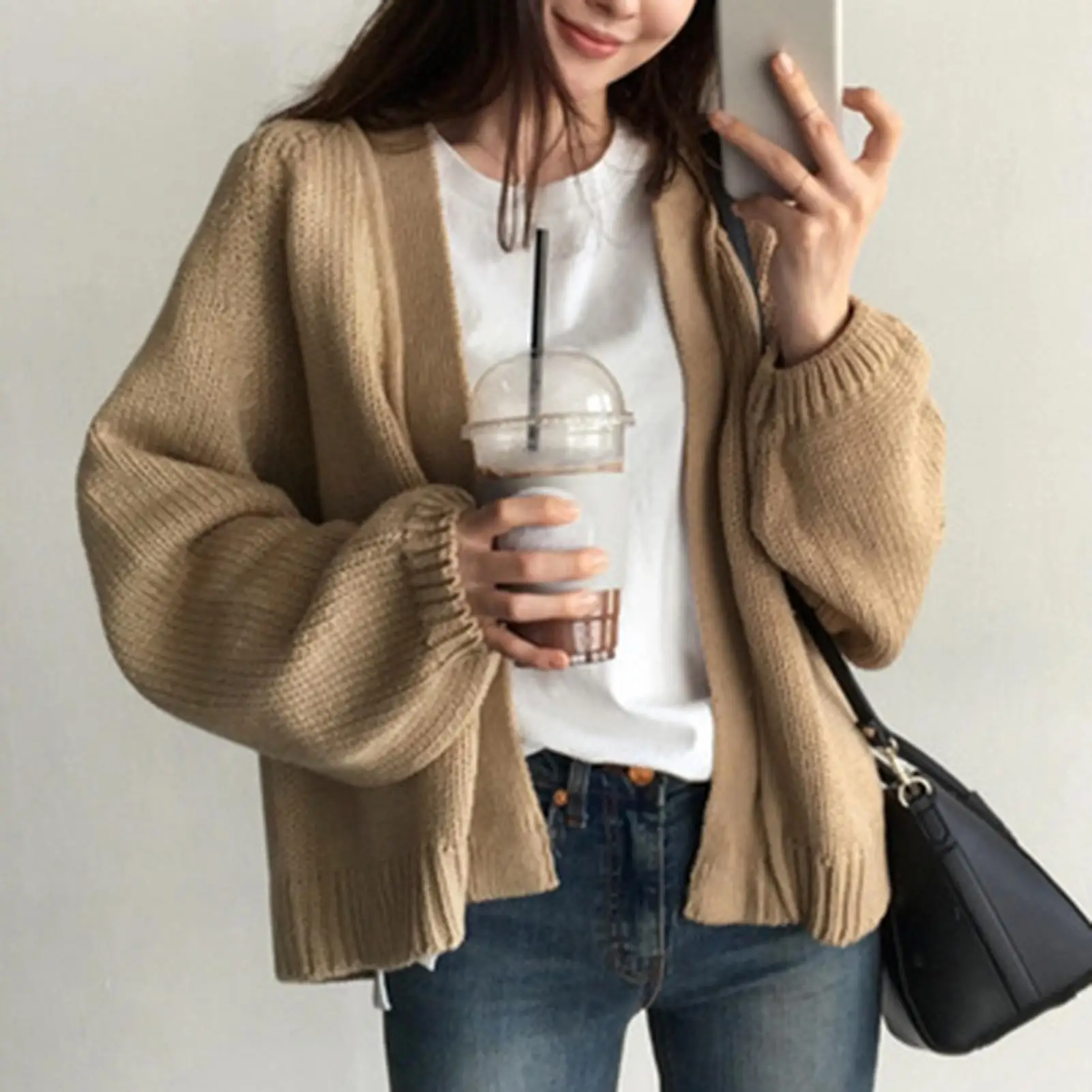 

3 colors Women's Sweaters Cardigans Autumn Winter New Casual Solid V-Neck Open Stitch Loose Sweater Jacket Female Knit Coat