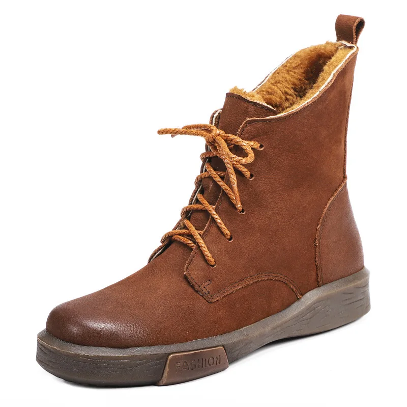 

YourSeason Ladies Boots Warm Thicken Plush 2022 Genuine Leather Women Lace-up Round Toe Flat With Handmade Sewing Winter Shoes