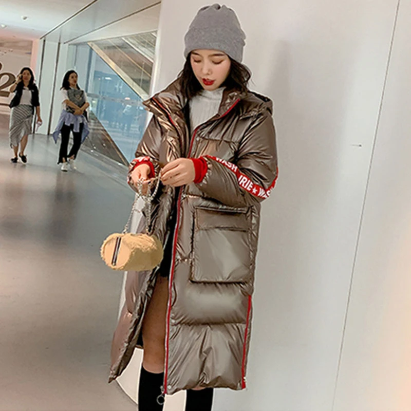 Новинка 2020 зимнее блестящее пальто женский свободный длинный пуховик Женская