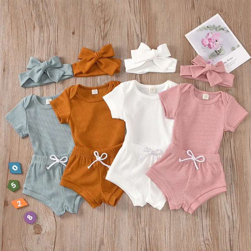 

0-2T 3PCS Newborn Baby Girls Summer Clothing Set Solid Color Short Sleeve Romper Tops Shorts Headband Outfits Clothes