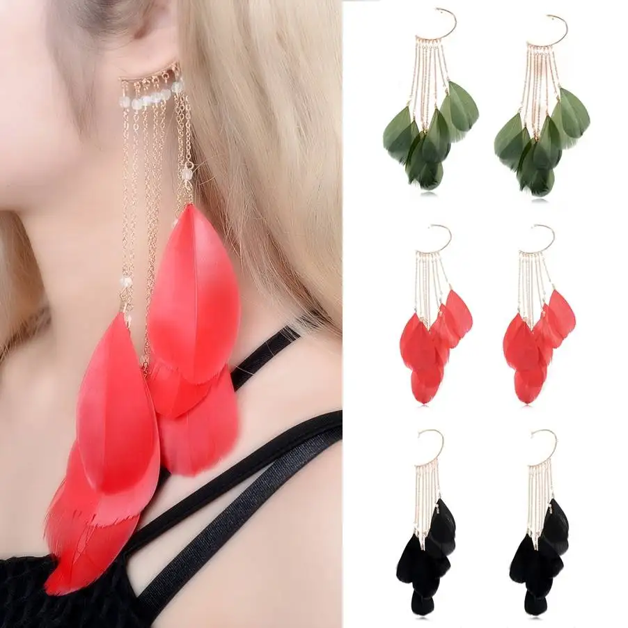 Женские серьги клипсы унисекс без пирсинга большие каффы с перьями бижутерия