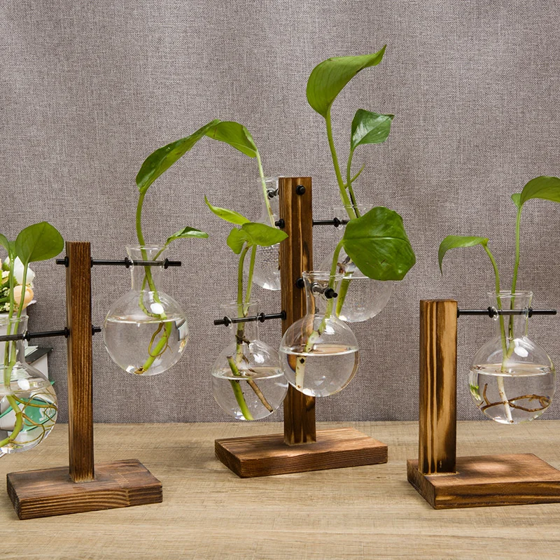 

Terrarium Hydroponic Plant Vases Vintage Flower Pot Transparent Vase Wooden Frame Glass Tabletop Plants Home Bonsai Decor