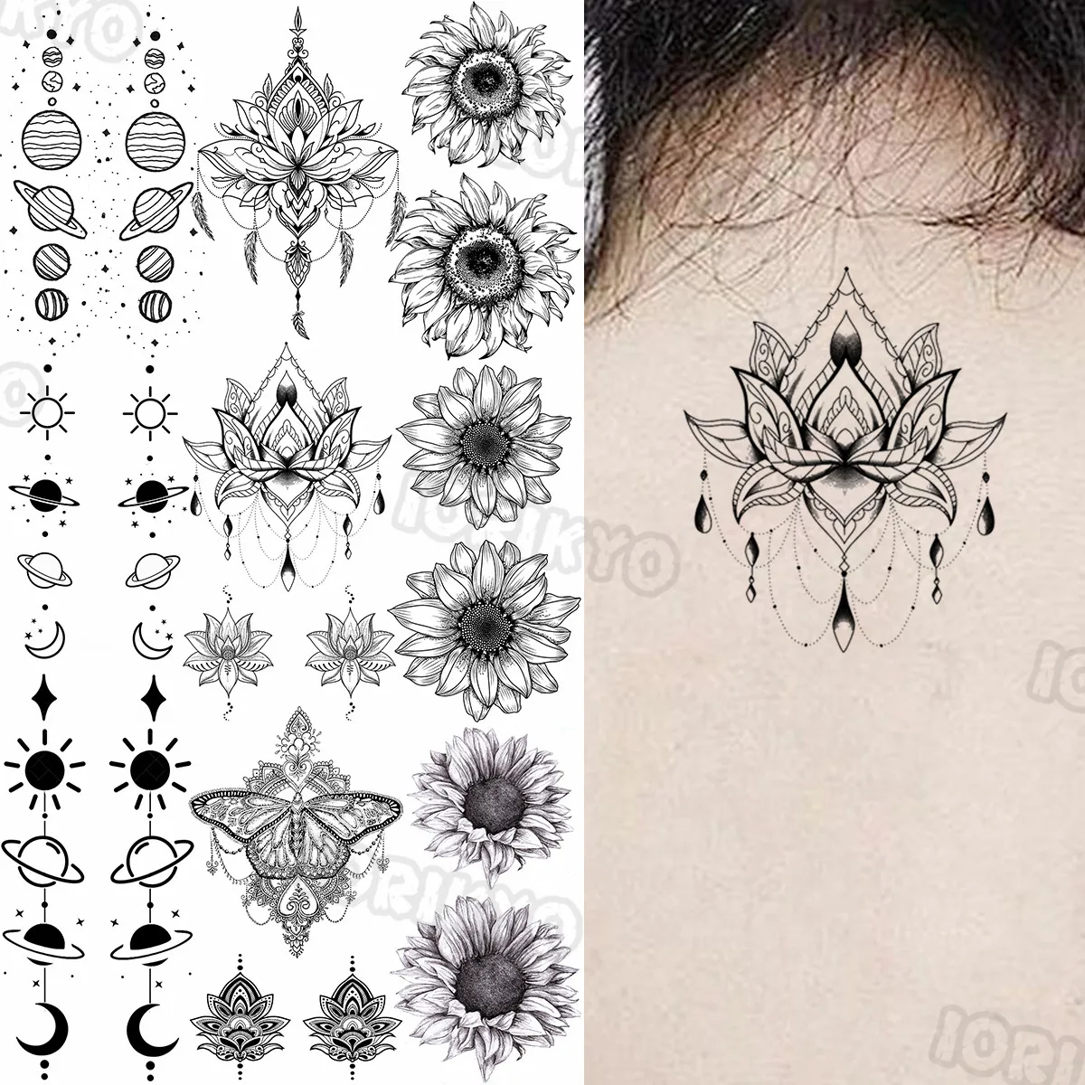 

Временные татуировки из черной хны лотоса для женщин, девушек, реалистичные космические Подсолнухи, водостойкие поддельные татуировки, тат...