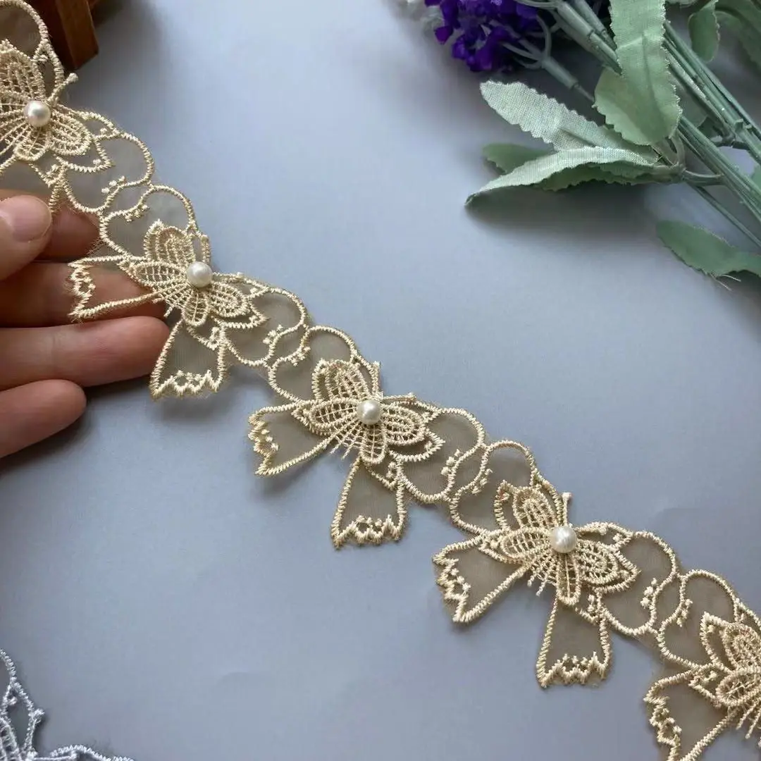 

2 yards 5 X 4CM Gold Double Layer Butterfly Lace Trim Ribbon Embroidered Fabric Polyester Pearl Flower DIY Sewing For Hat Craft
