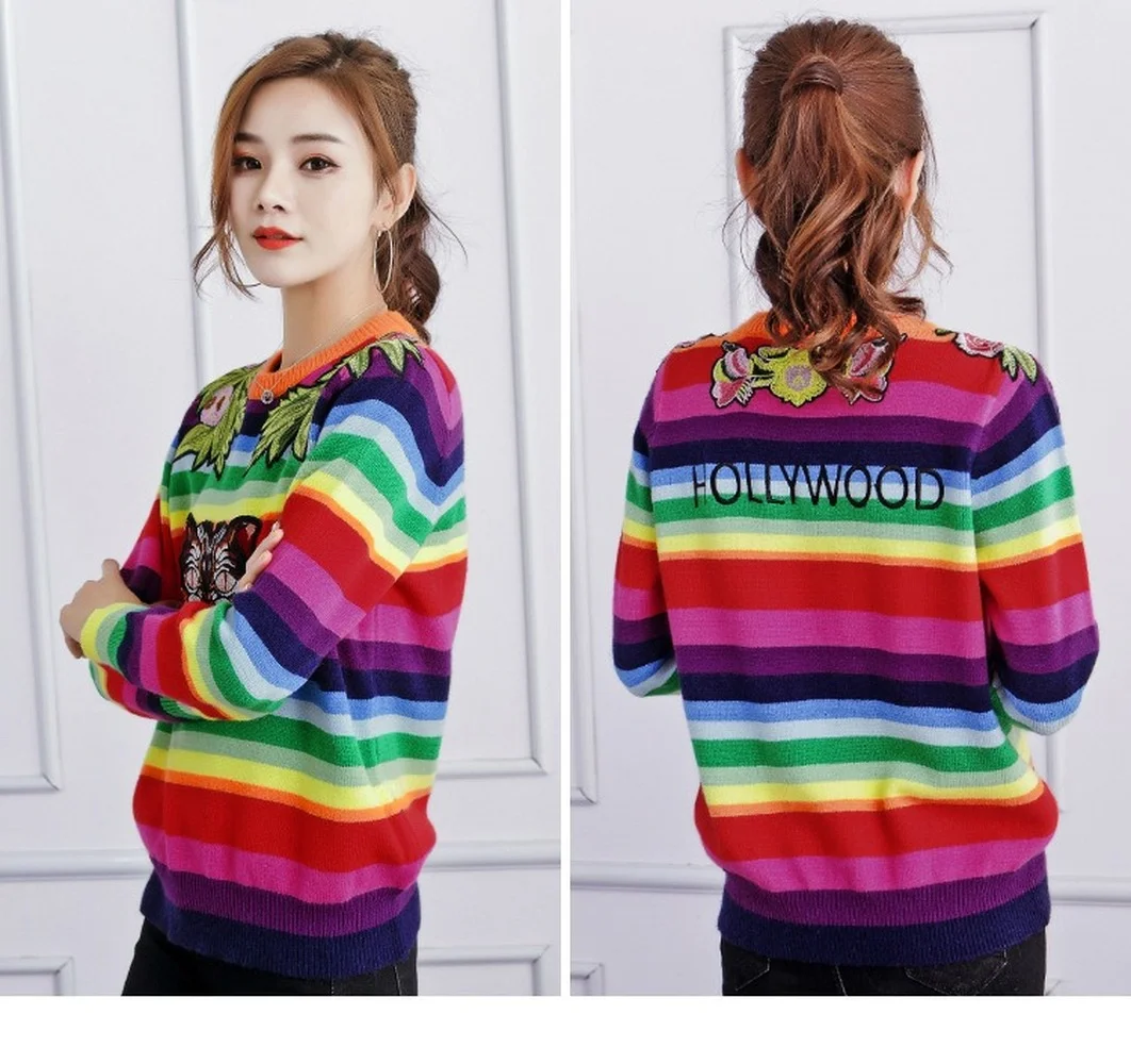 

Women's Designer Inspired Round-neck Knitted Jumper Rainbow Colors Sweater Embroidery Pullover