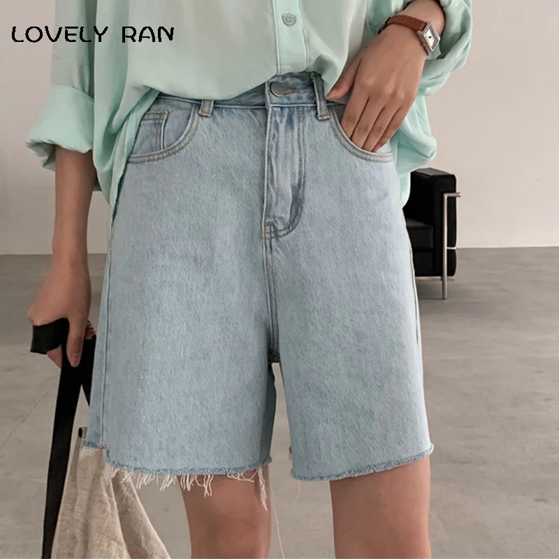 

Шорты женские прямые джинсовые с высокой талией, повседневные модные однотонные брюки из денима в Корейском стиле, уличная одежда, лето 2021