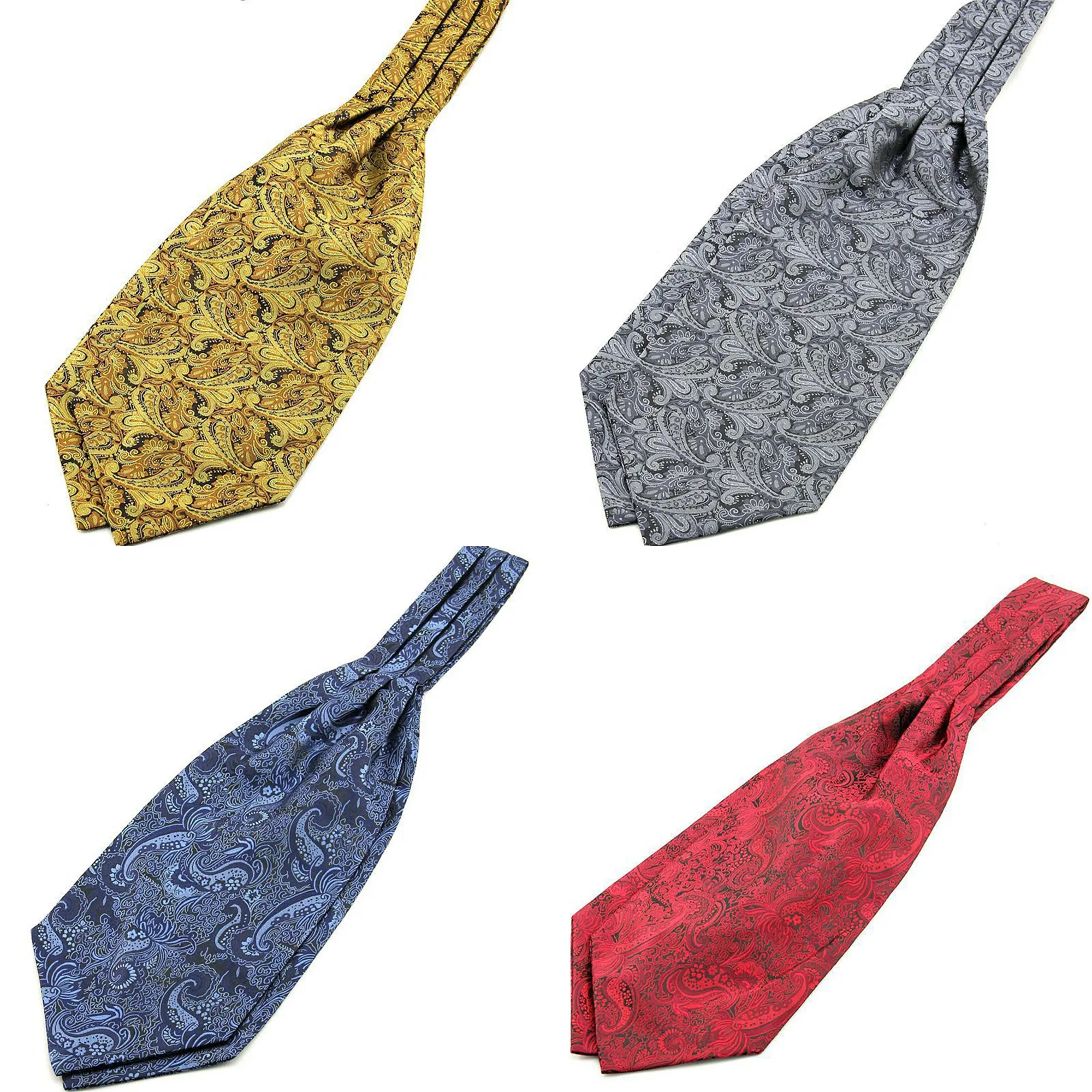 

10Pcs/Lot Gold Silk Ascot Ties for Man Cashew Cravat Ties Paisley Floral Print Grey Ascot Scarf For Wedding Cravat Scarves B115