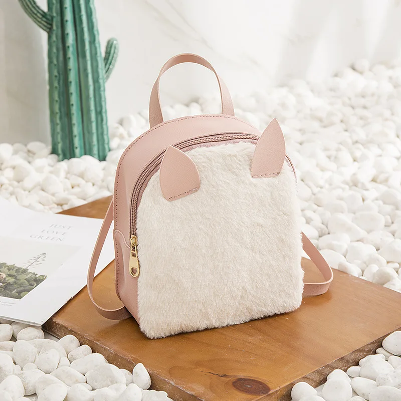 

Cute Cartoon Cat Ears Multi-Function Mini Travel Backpack Girl Schoolbag PU Plush Women Bookbag Korean School Backpack