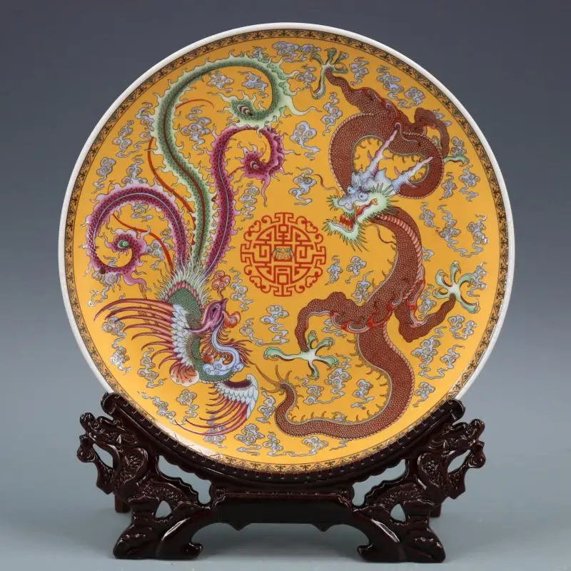Qing Dynasty Qianlong Пастель Золотой Дракон и Феникс узор тарелка антикварная ручная