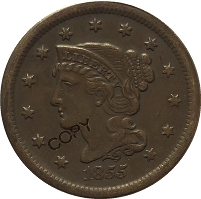 1855 Slanting 5 США 1839-1857 Заплетенные волосы большой цент копии монет - Цвет: 1855 Slanting 5