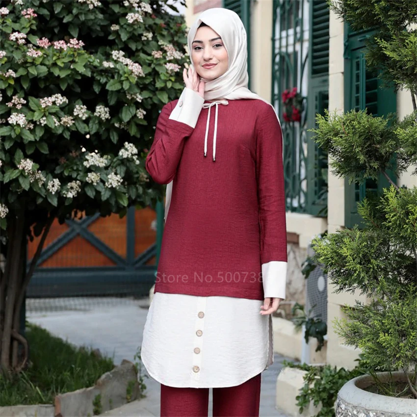 Two Piece Sets Women Turkey Muslim Abaya Patchwork Dresses Long Sleeve Ramadan Moroccan Kaftan Islamic Clothing Dress | Тематическая