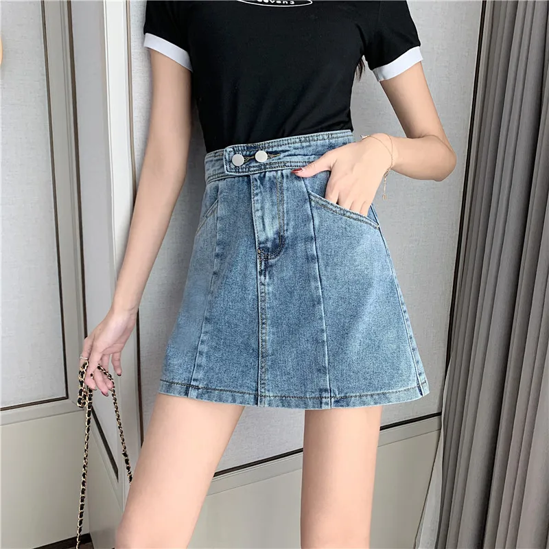 

2020 A skirt female show thin ins tall waist han edition of the new summer a word two grain of buckle joker denim skirts