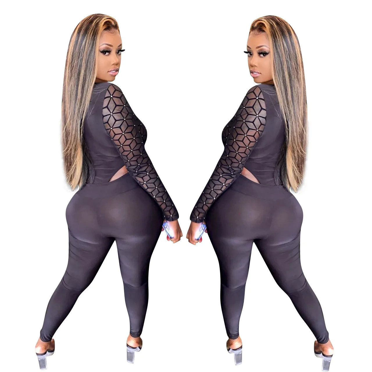 

Sexy Nightclub Style Women Sets Deep V-Neck Long Sleeve Mesh Geometry Printed Bodysuits + See Through Pencil Pants 2PCS Outfits