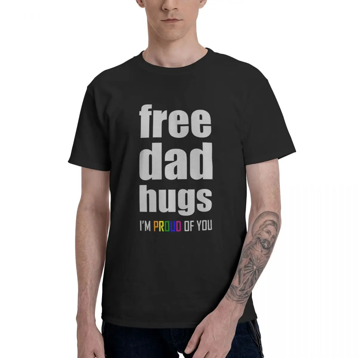 

FREE DAD HUGS LGBT Pride Month LGBTQ Rainbow Flag Graphic Tee Men's Basic Short Sleeve T-Shirt Aesthetic Clothes Funny Tops