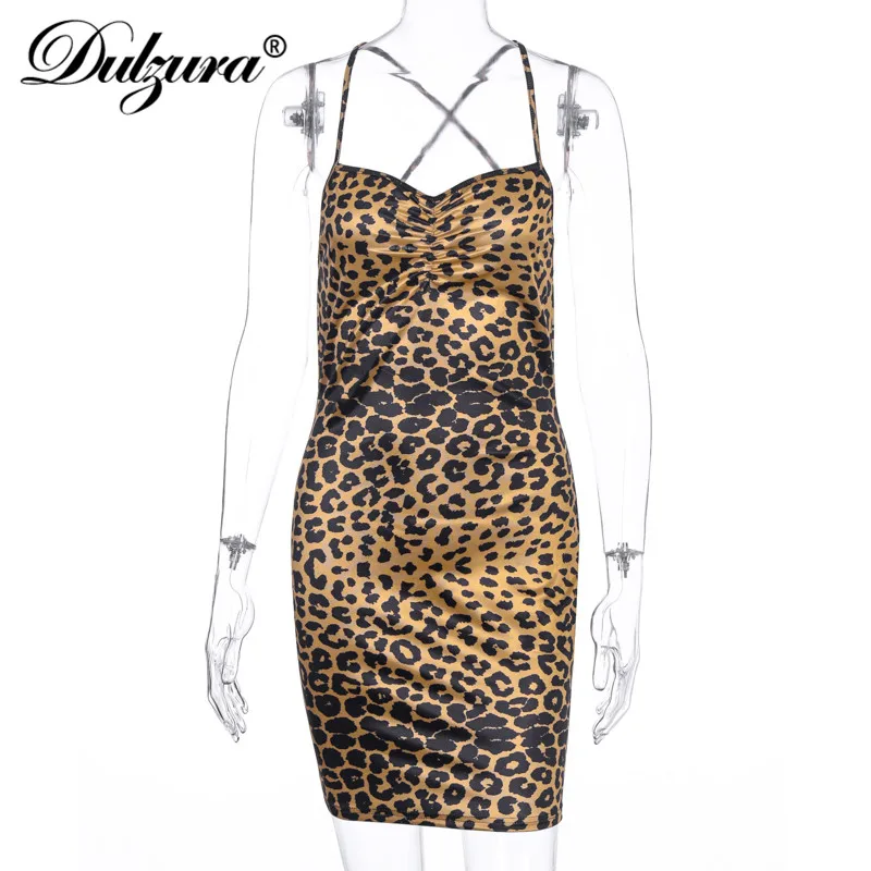 

Dulzura leopard print women mini dress bodycon sexy cross backless party streetwear 2020 spring summer women clothes clubwear