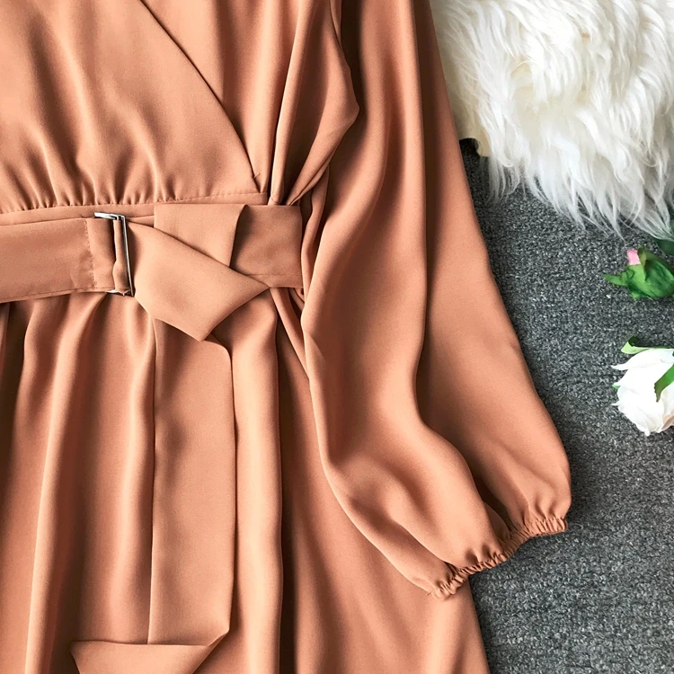 ALPHALMODA осеннее офисное женское платье с длинными рукавами и поясом, новое повседневное шифоновое платье с высокой талией и v-образным вырезом, однотонное женское платье до середины икры