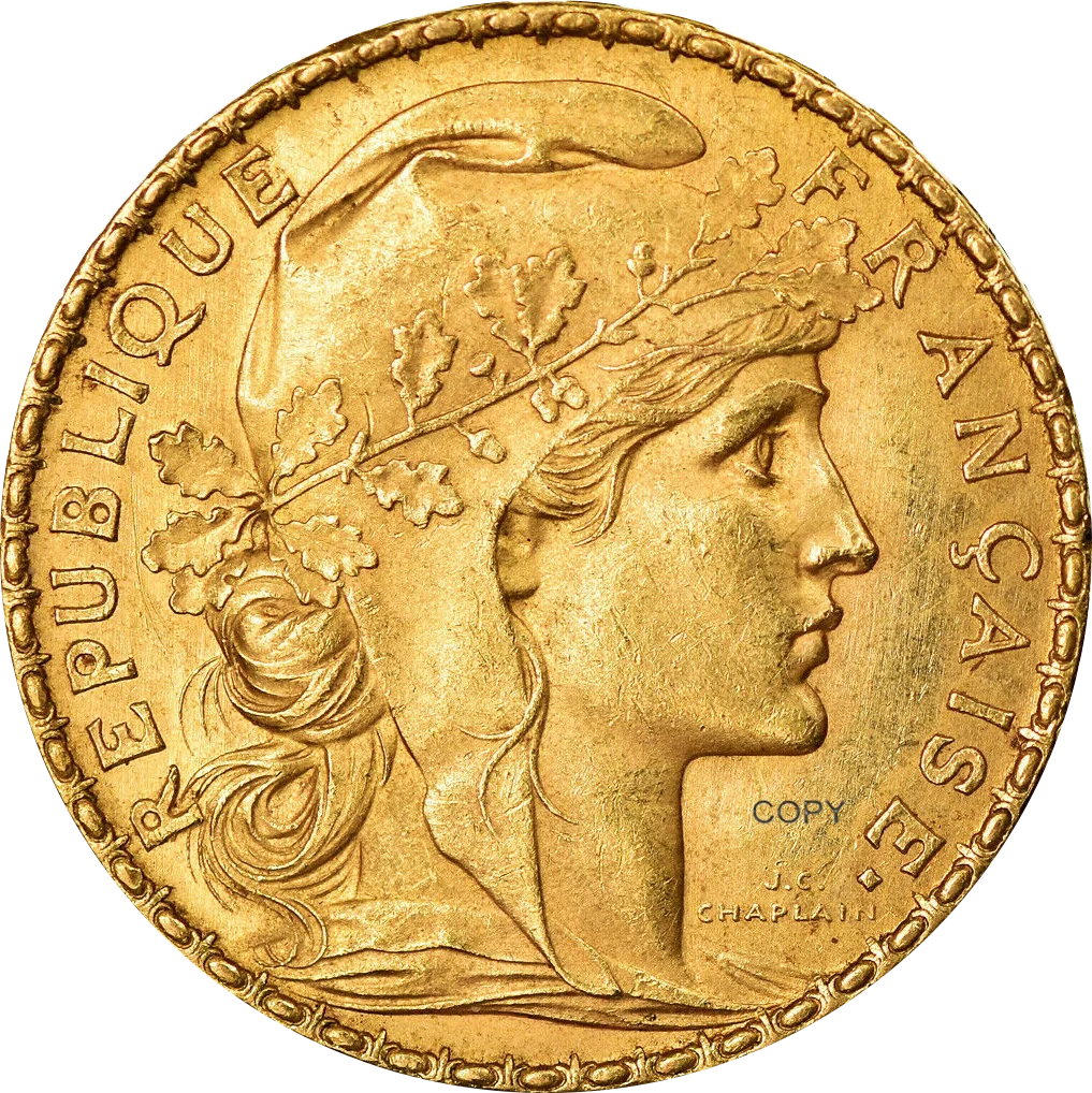 

Коллекционная медная копия монеты Франция 20 франков 1901 года