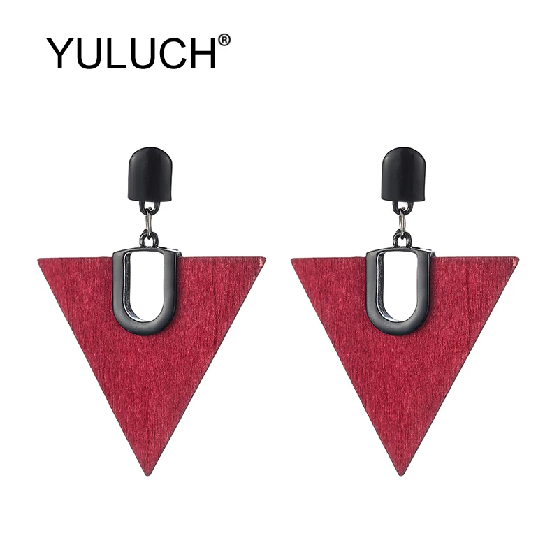 

YULUCH Ethnic African Red Natural Triangle Wood Stud Earrings Fashion Jewelry Women Black Metal Golden Metal Long Stud Earrings
