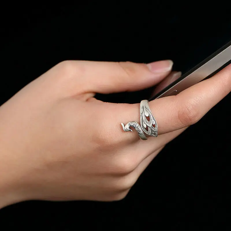 Женское кольцо с птицей Феникс винтажное регулируемое из тайского серебра 925