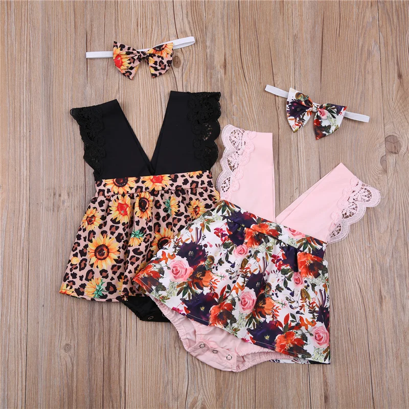 

2Pcs Cute Casual Suit Cute Baby Girl Clothing Bow Headband V-neck Flower Printed Bodysuit Flying Sleeve Skirt Romper Playsuit