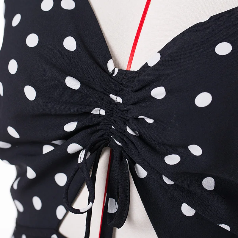 

Paris Gril Summer Sexy Pollka Dot Short Sundress Fashion Sleeveless Straps V-neck Hollow Out Black Backless Mini Dress