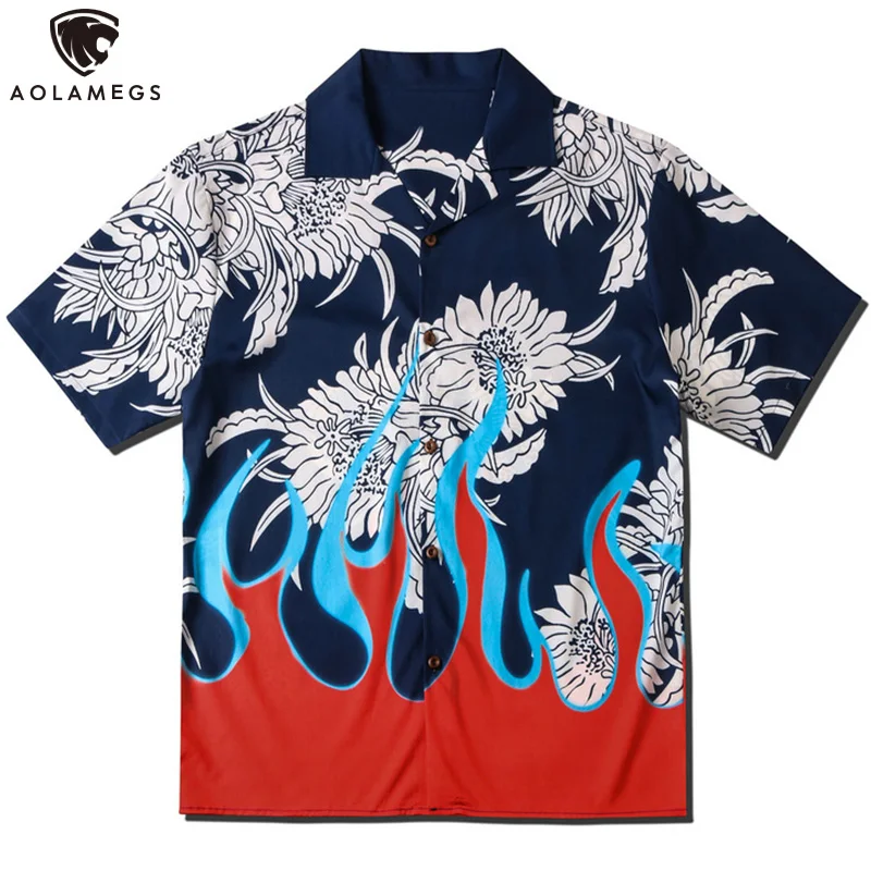 

Aolamegs Chinese Style Retro Shirts Men Flame Flower Patchwork Casual Hawaiian Shirts Summer High Street Streetwear Fashion Tops