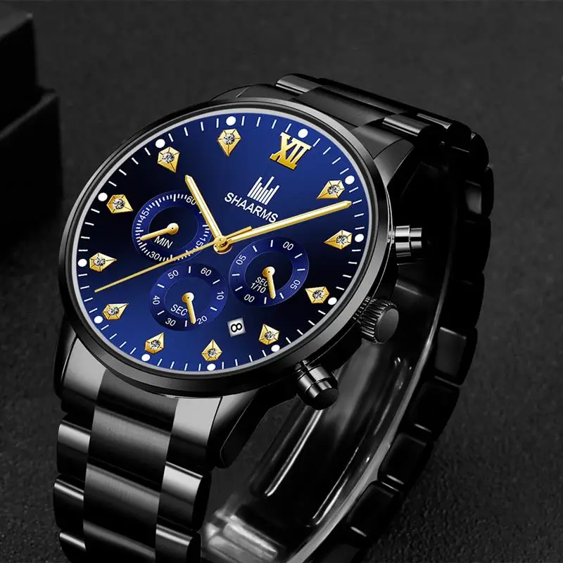 SHAARMS мужские часы золотые черные нержавеющая сталь кварцевые с датой наручные
