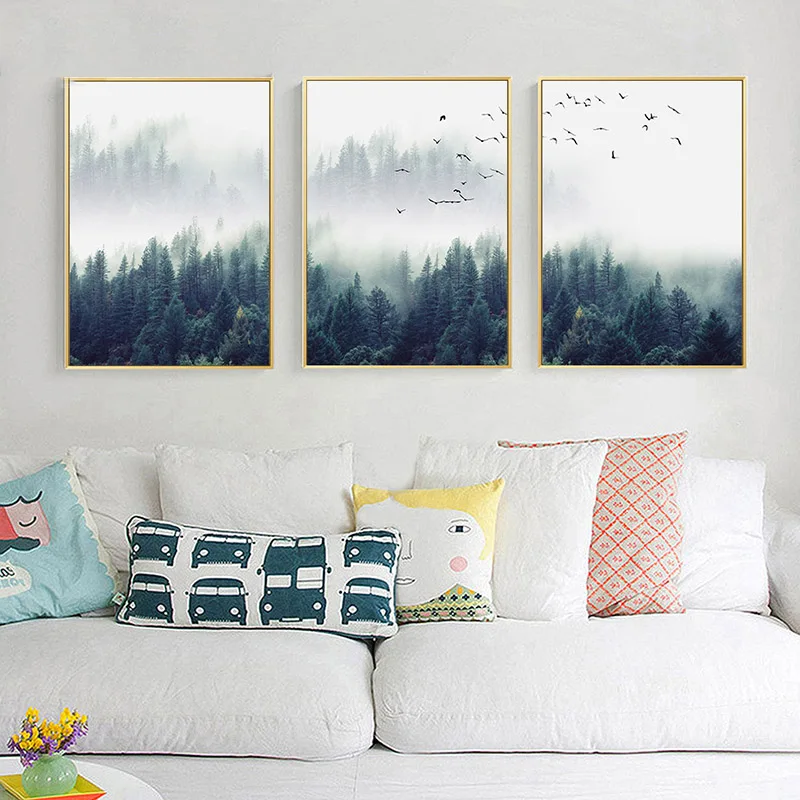 Скандинавское украшение лес пейзаж холст живопись туманная стена