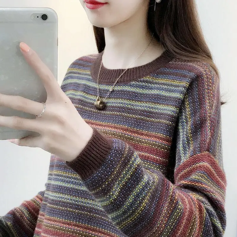 

female striped sweater loose outside in spring 2021 sets a new western style lazy knitting render unlined upper garment