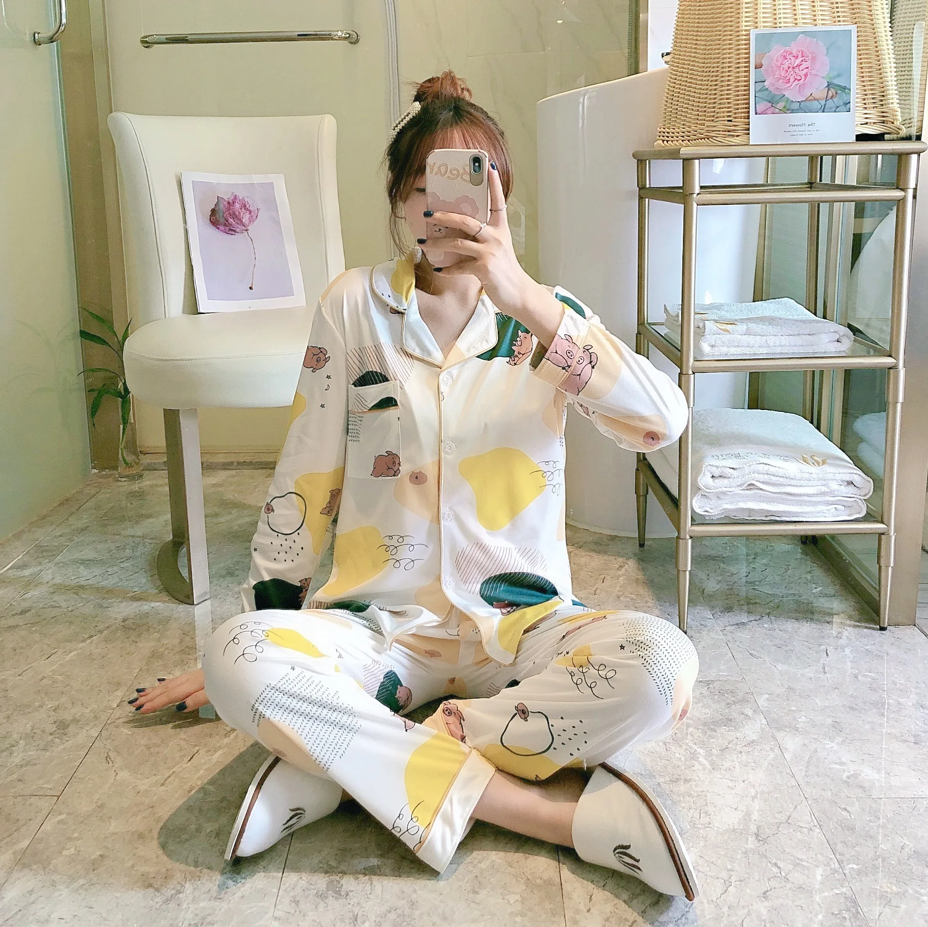 Pajamas Women's Long Sleeve Classic Lattice Spring and Autumn Korean Printing Casual Thin Cardigan Two Piece Suit Sleep Tops