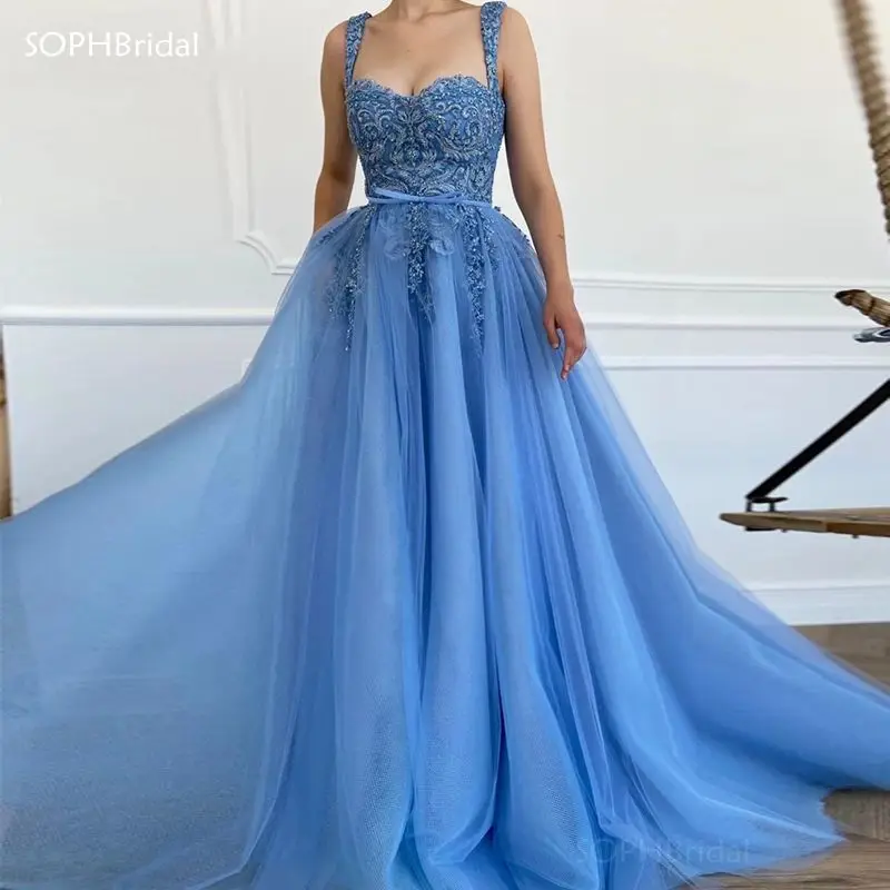 

New Arrival Evening Dress 2021 Spaghetti Strap Sweetheart Beaded Tulle Blue Prom Dress Long Robe De Soiree Longue Abendkleider
