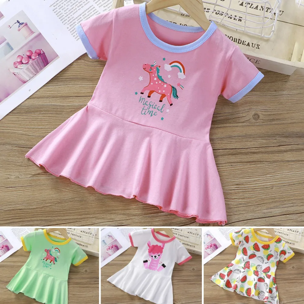 

Kid Girls Summer Short Sleeve Cartoon Printing Dress Baby Princess Casual Loose