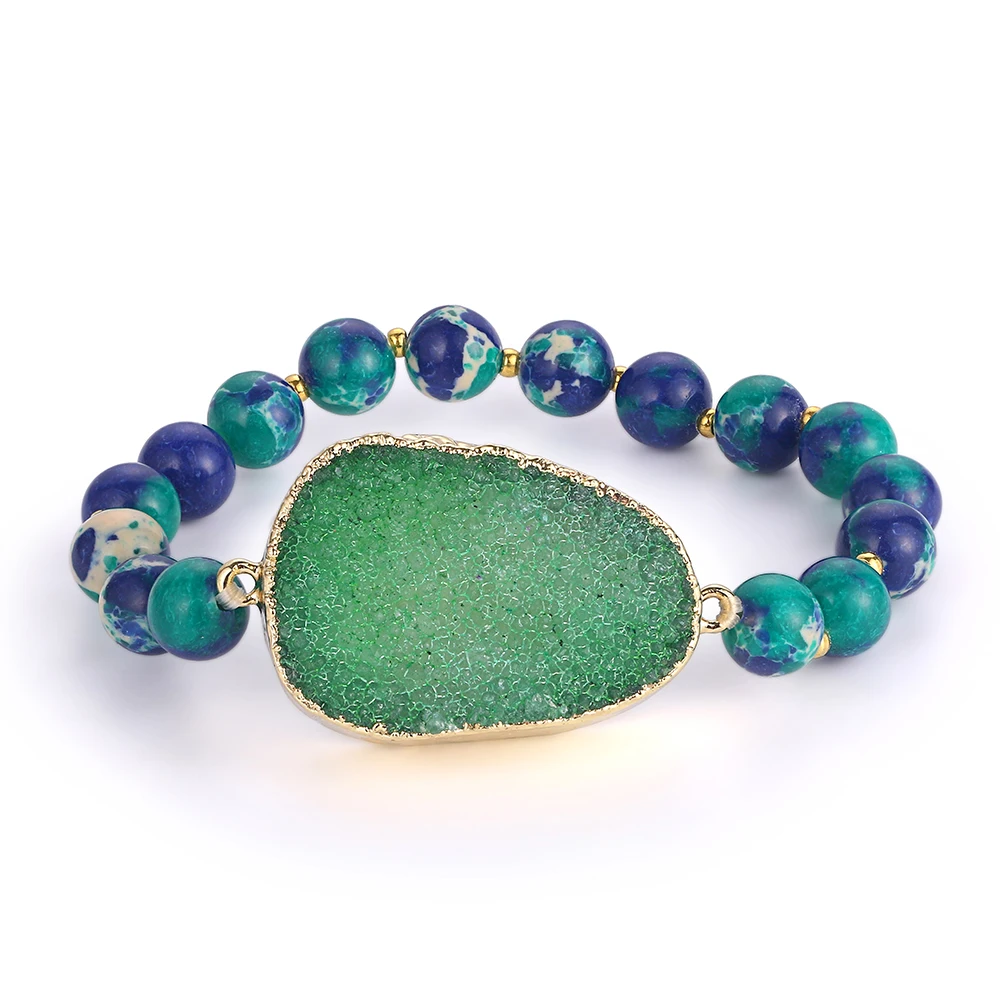 Green Druzy Браслеты ShinyGem Yoga с натуральным камнем 8 мм синий зеленый морской осадочный Jaspers браслеты из бисера золотые браслеты ручной работы для женщин - Окраска металла: Green Druzy